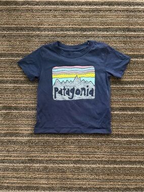 Patagonia Kids Navy Tee with Pastel Mountain Graphic
